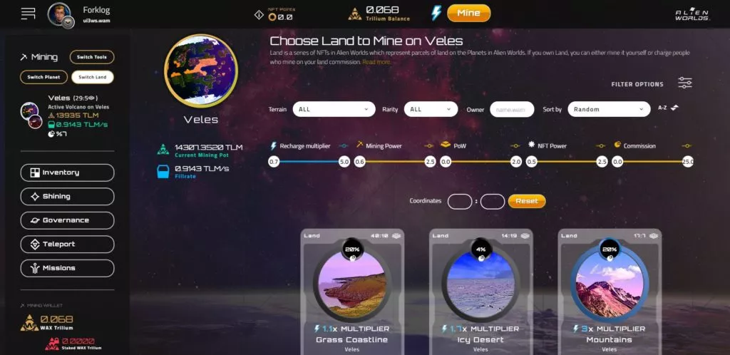 Alien Worlds: вибір планети та ділянки для майнінгу криптовалюти TLM