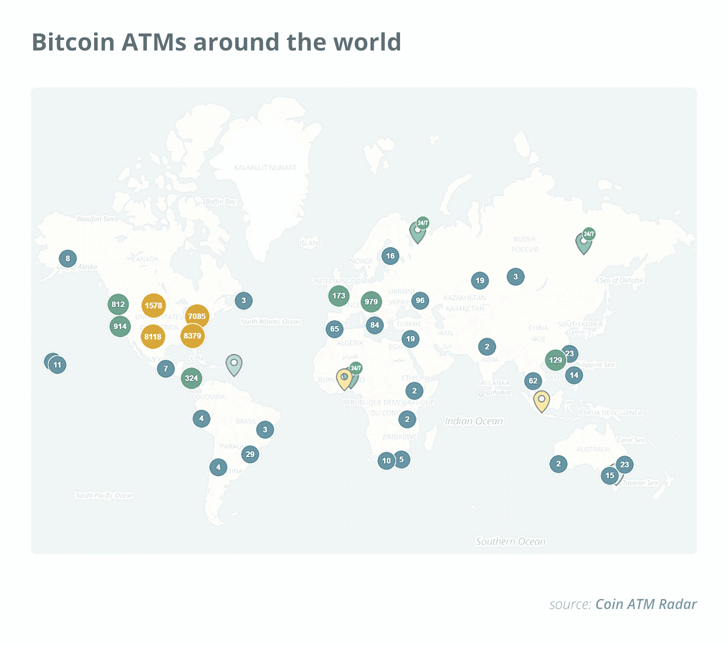 Кількість біткоїн-банкоматів по всьому світу