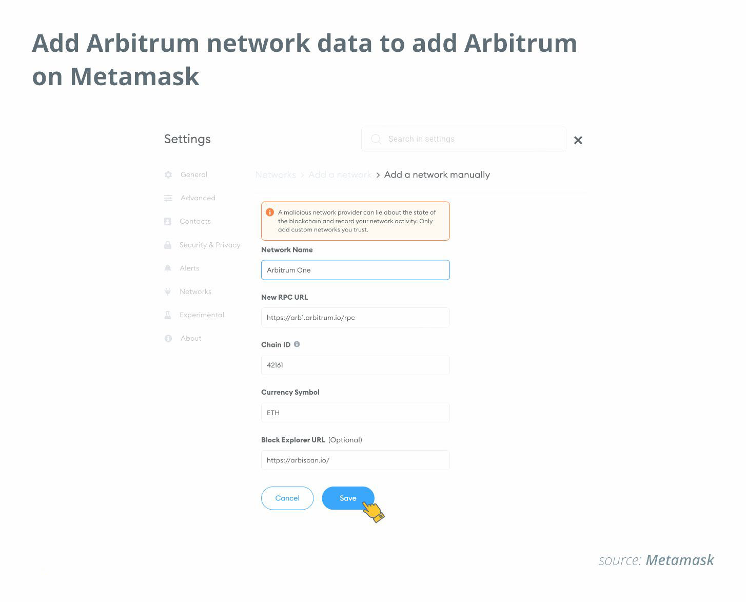 Додайте дані мережі Arbitrum, щоб додати Arbitrum в Metamask